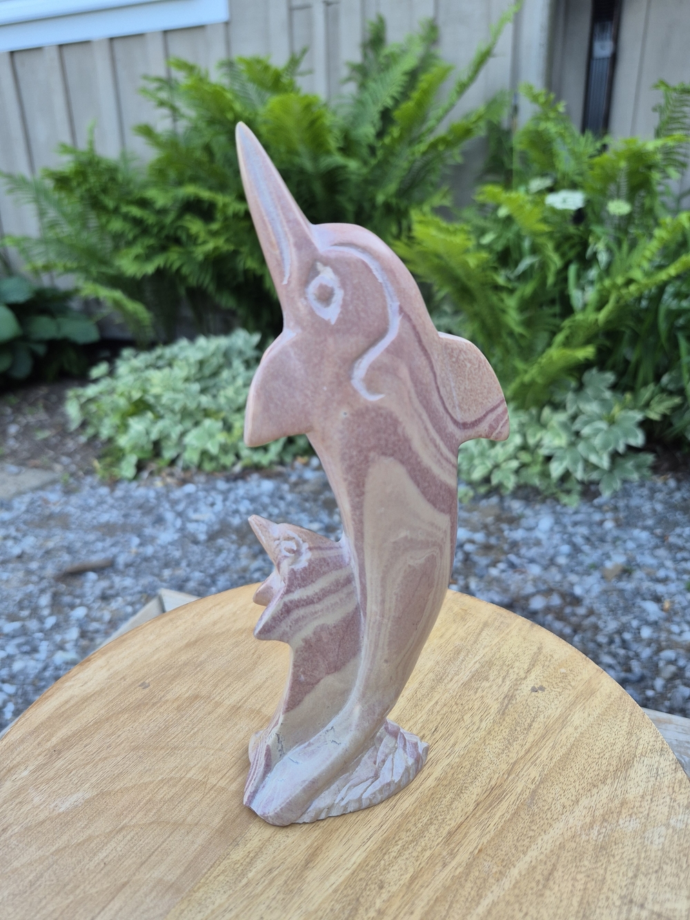 Vintage Hand-Carved Banded Stone Dolphin Figurine - Pink/Mauve 8" Tall